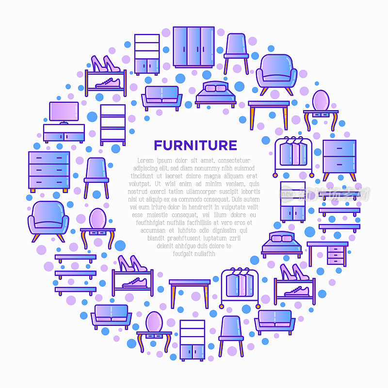 Furniture concept in circle with thin line icons: dressing table, sofa, armchair, wardrobe, chair, table, bookcase, bed, clothes rack, desk. Elements of interior. Vector illustration.